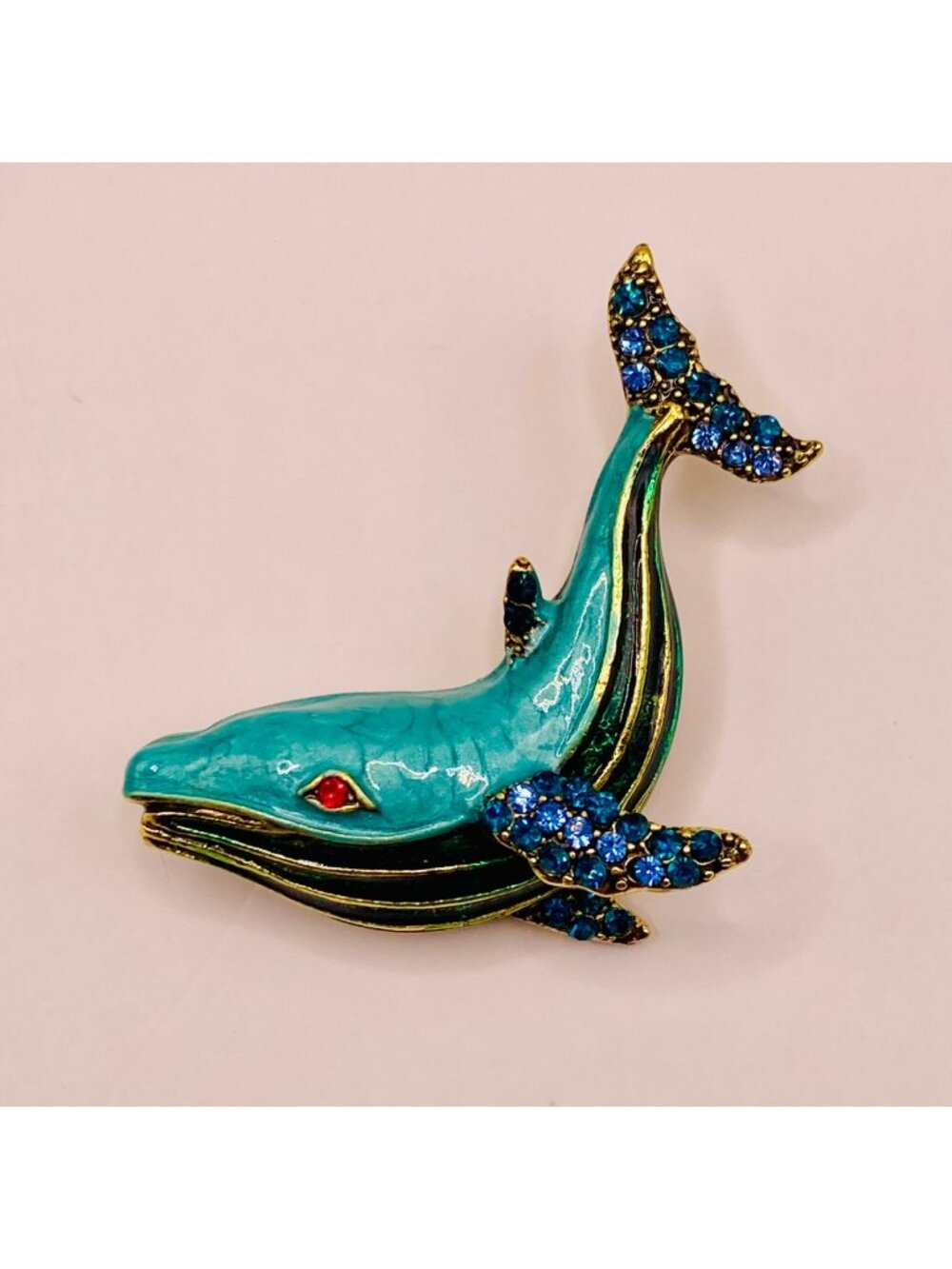 Blue Whale Brooch Pin Rhinestone Accents Gold-Tone Metal -37B